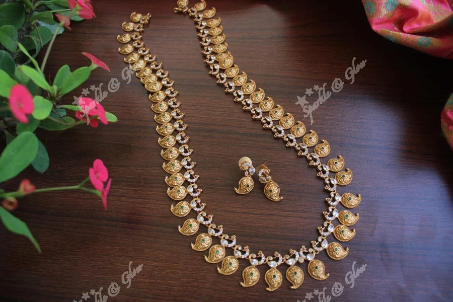 Premium quality matte mango peacock haram - Sparkle and Glow