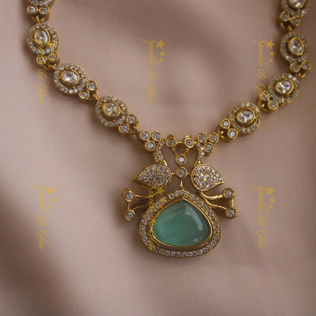 Beautiful Peacock and oval design AD short necklace with ruby stones - red - Sparkle and Glow