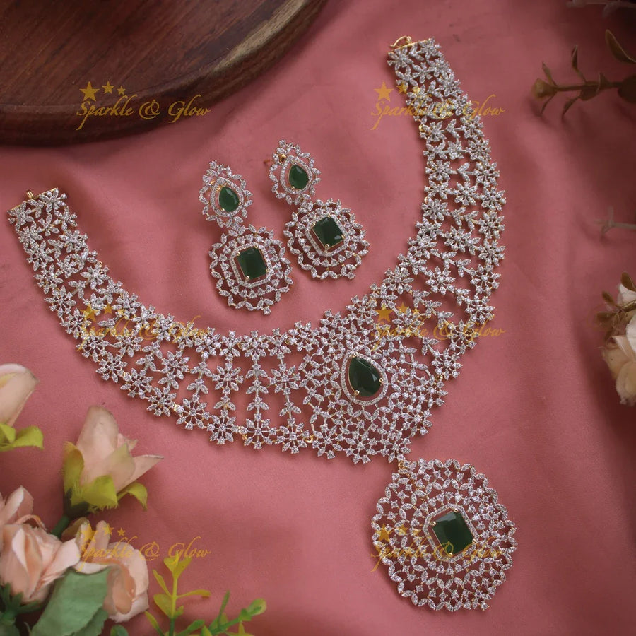 Exclusive Floral leaflet design American diamond short necklace with emerald stones - Sparkle and Glow