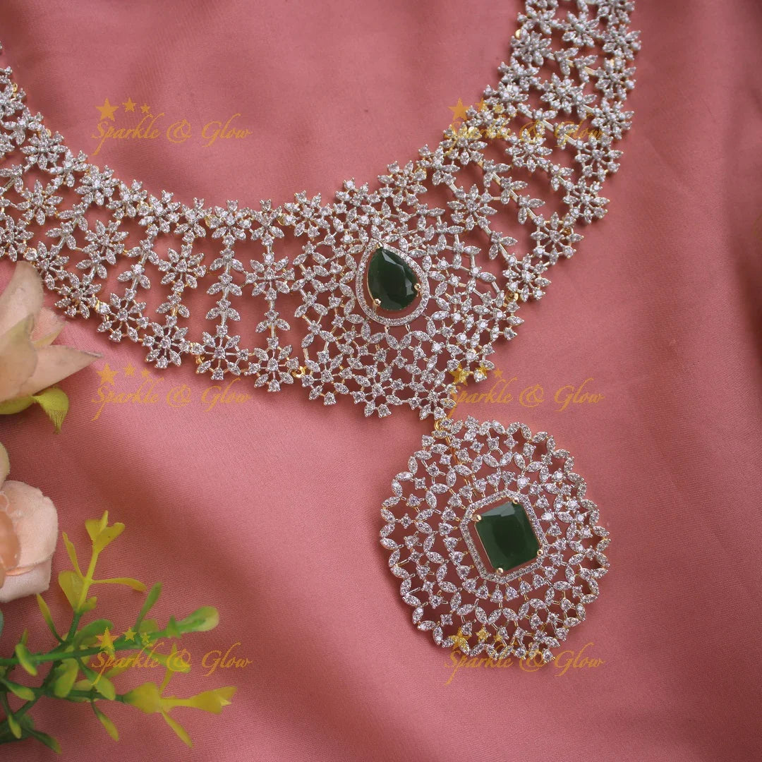 Exclusive Floral leaflet design American diamond short necklace with emerald stones - Sparkle and Glow