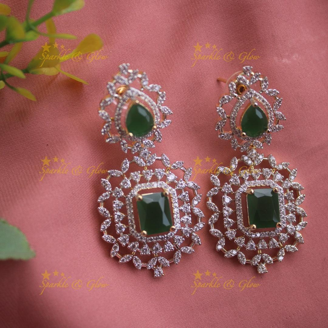 Exclusive Floral leaflet design American diamond short necklace with emerald stones - Sparkle and Glow