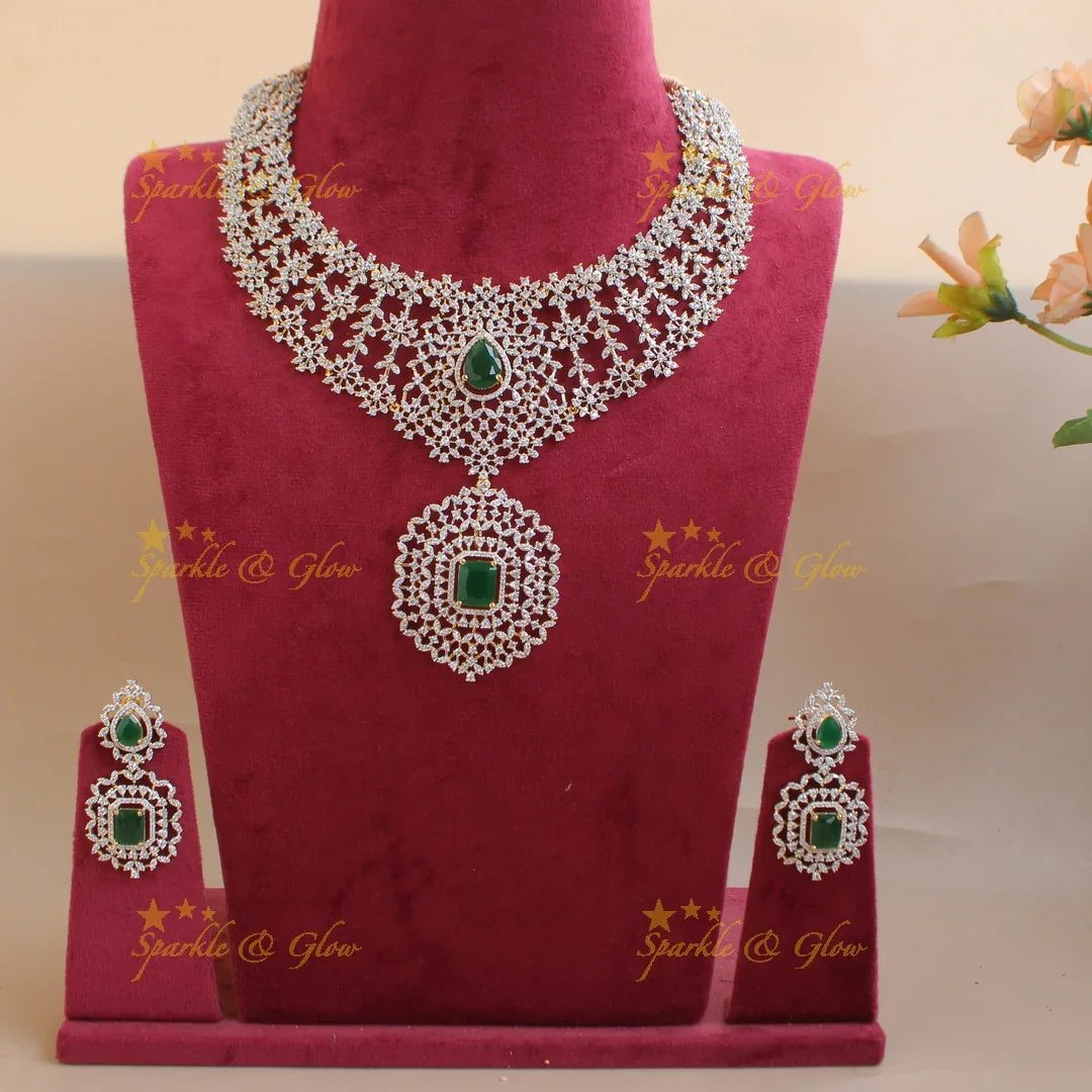 Exclusive Floral leaflet design American diamond short necklace with emerald stones - Sparkle and Glow
