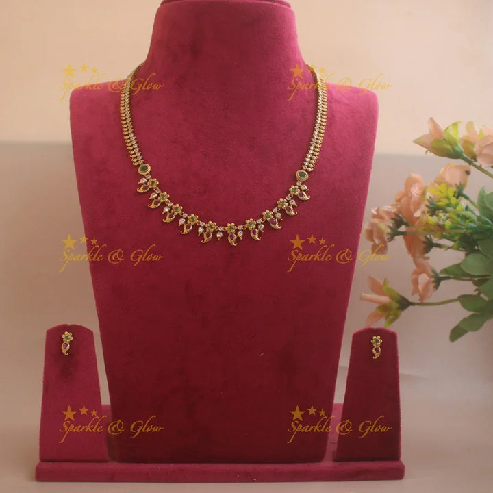 Gold Alike Floral mango design short necklace with CZ stones ruby and emerald - Sparkle and Glow