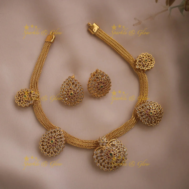 Elegant Floral leaf design choker with CZ stones ruby and emerald - Sparkle and Glow