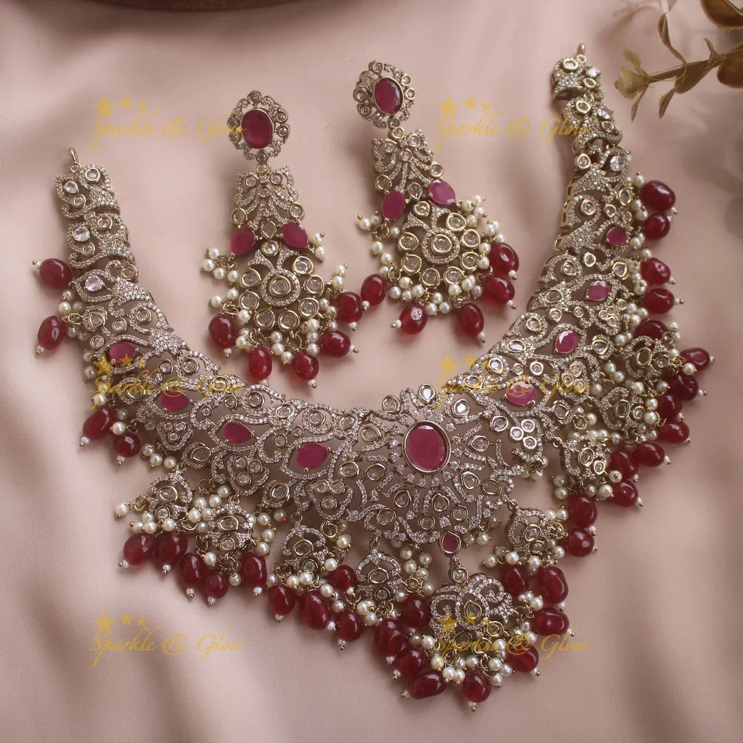 Grand intricate Floral Leaf design victorian AD short necklace with ruby stones pearls and maroon beads - Sparkle and Glow