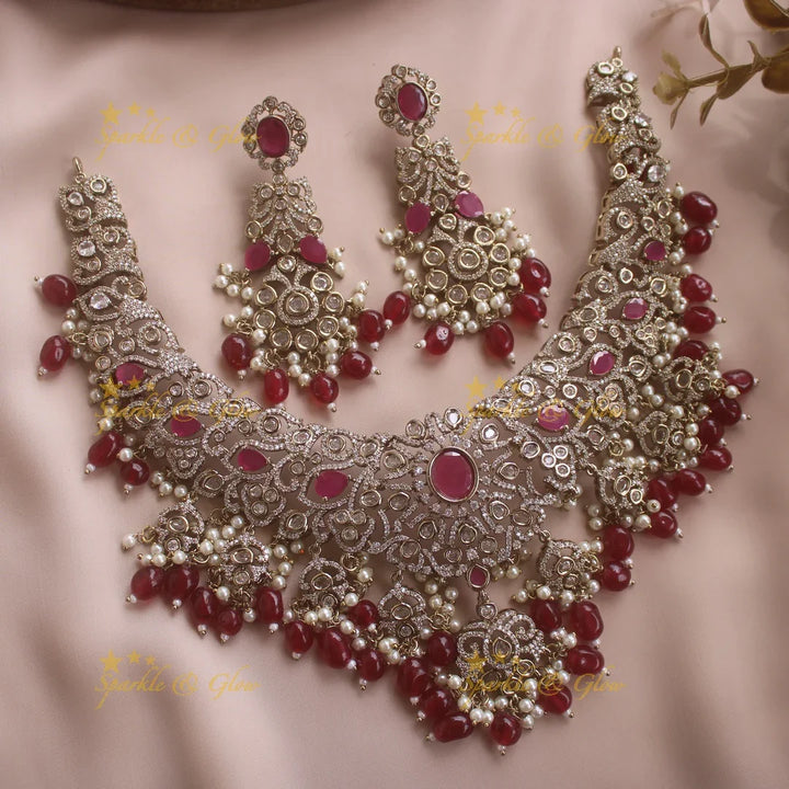 Grand intricate Floral Leaf design victorian AD short necklace with ruby stones pearls and maroon beads - Sparkle and Glow
