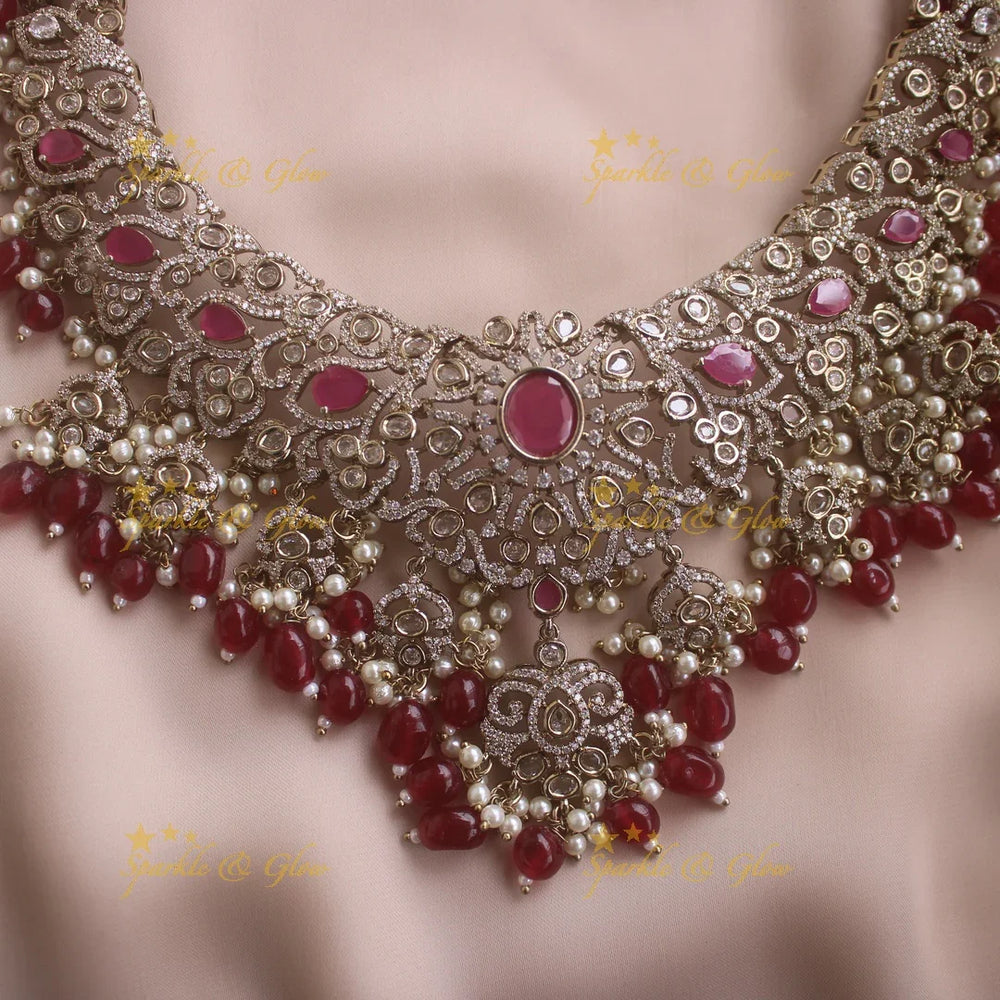 Grand intricate Floral Leaf design victorian AD short necklace with ruby stones pearls and maroon beads - Sparkle and Glow
