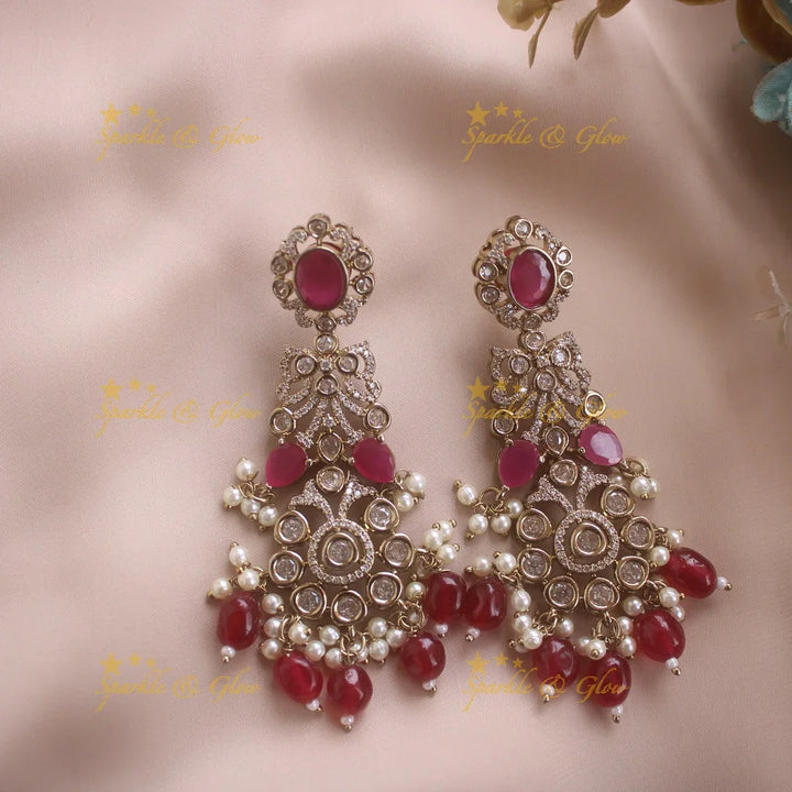 Grand intricate Floral Leaf design victorian AD short necklace with ruby stones pearls and maroon beads - Sparkle and Glow