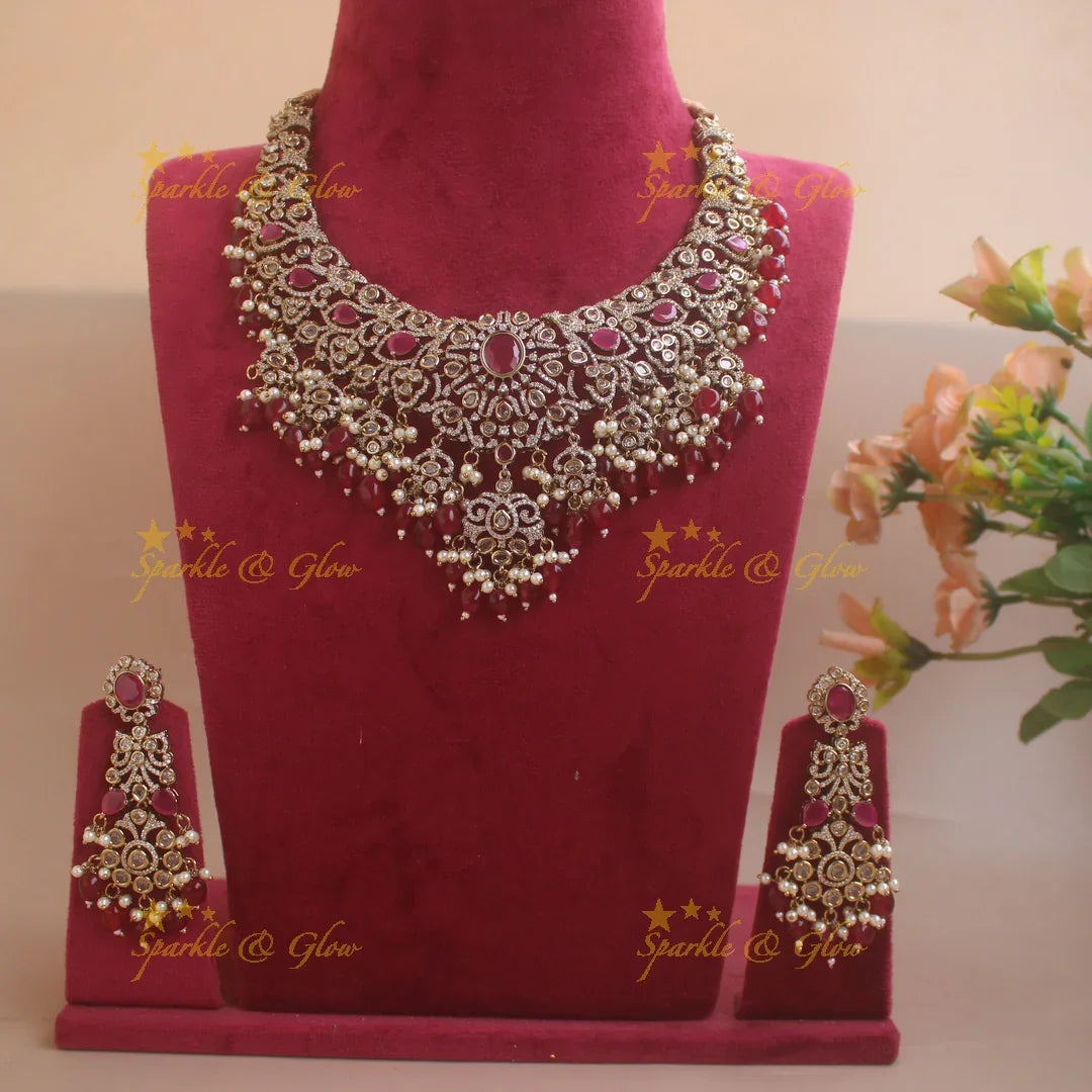 Grand intricate Floral Leaf design victorian AD short necklace with ruby stones pearls and maroon beads - Sparkle and Glow