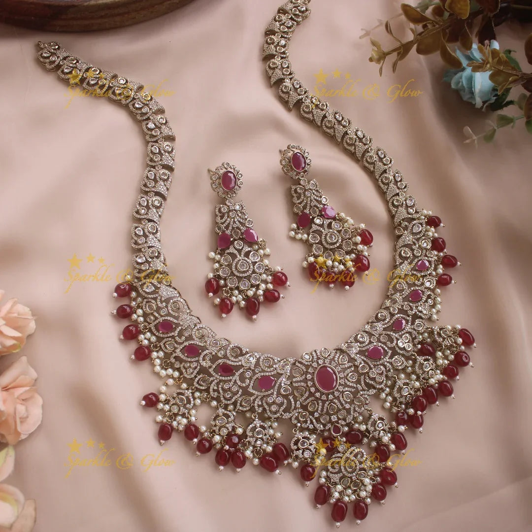 Gorgeous Floral Leaf design victorian AD long necklace with ruby stones pearls and maroon beads - Sparkle and Glow