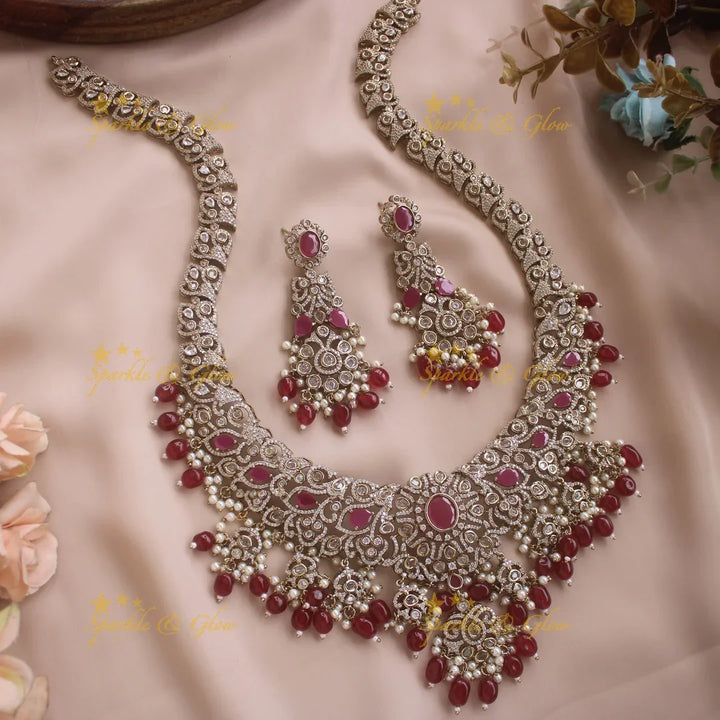 Gorgeous Floral Leaf design victorian AD long necklace with ruby stones pearls and maroon beads - Sparkle and Glow