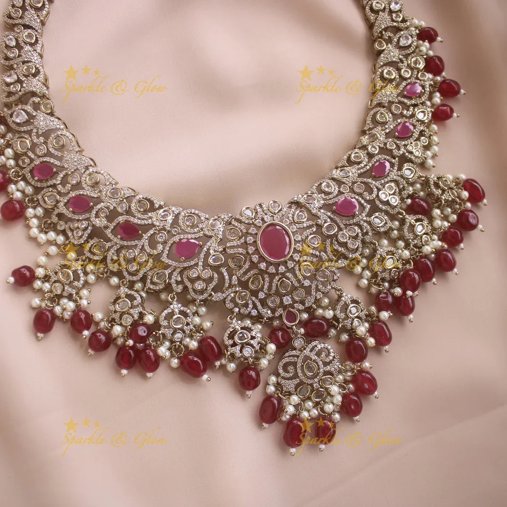 Gorgeous Floral Leaf design victorian AD long necklace with ruby stones pearls and maroon beads - Sparkle and Glow