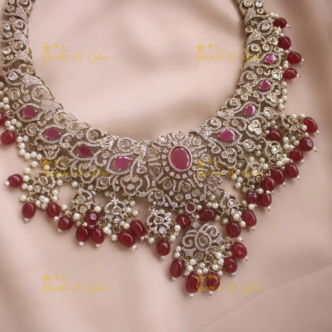 Gorgeous Floral Leaf design victorian AD long necklace with ruby stones pearls and maroon beads - Sparkle and Glow