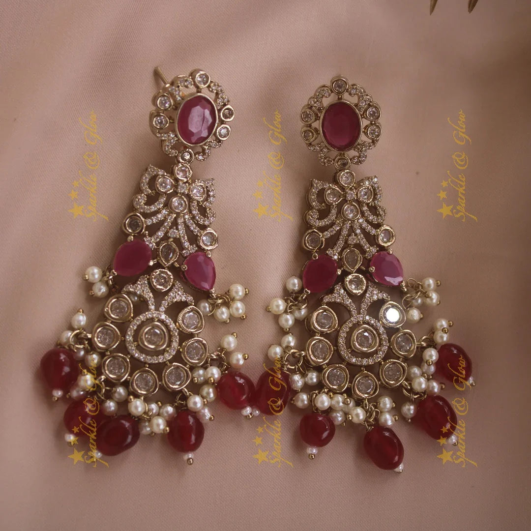 Gorgeous Floral Leaf design victorian AD long necklace with ruby stones pearls and maroon beads - Sparkle and Glow