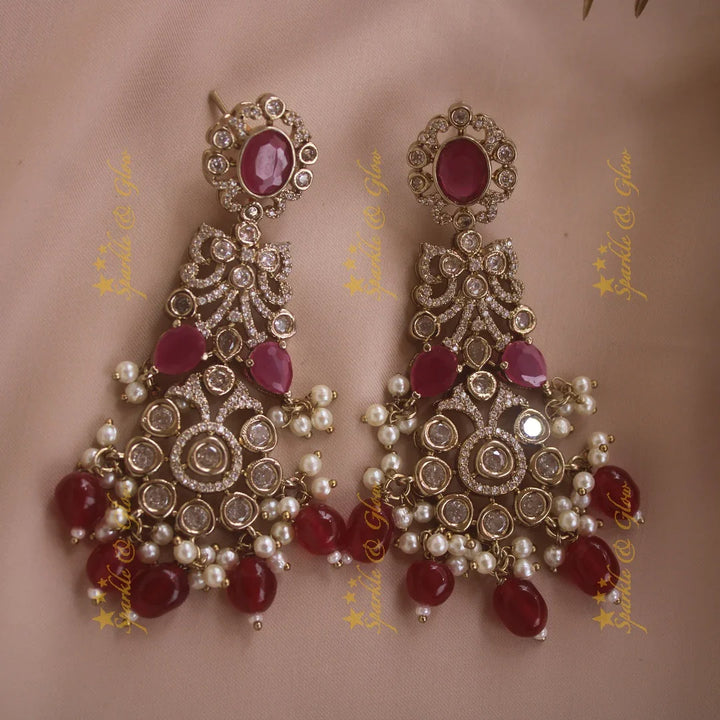 Gorgeous Floral Leaf design victorian AD long necklace with ruby stones pearls and maroon beads - Sparkle and Glow