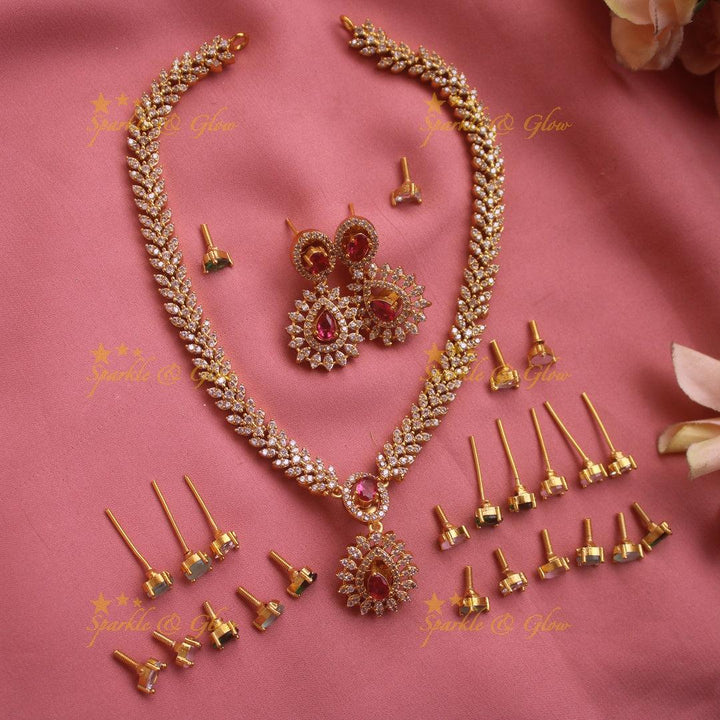 Beautiful Floral and Leaflet design AD short necklace with multi colour interchangeable stones - Sparkle and Glow