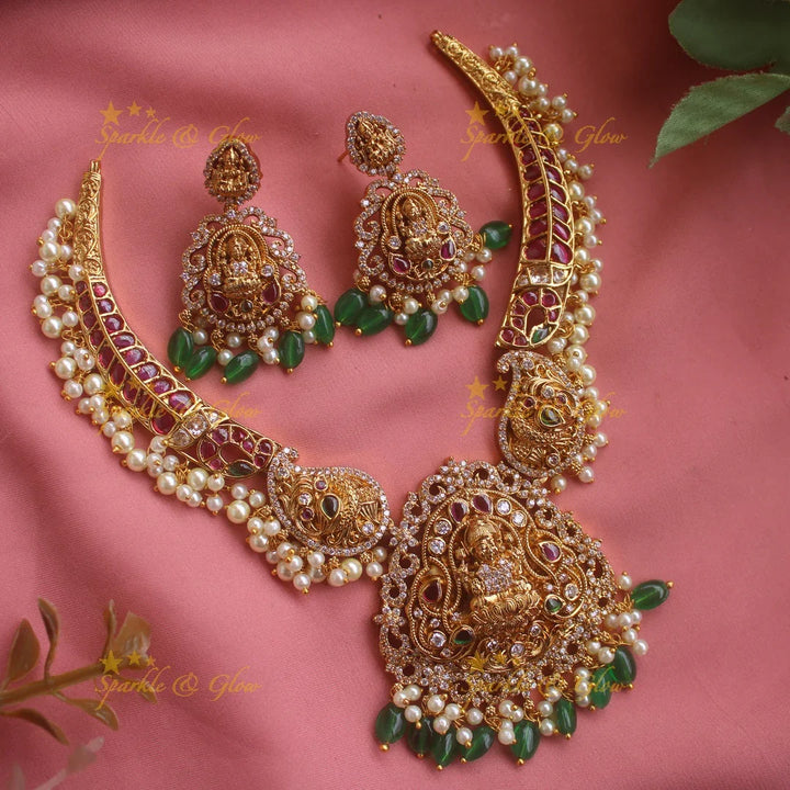 Exclusive Lakshmi mango design gutta pusalu short necklace with green beads - Sparkle and Glow