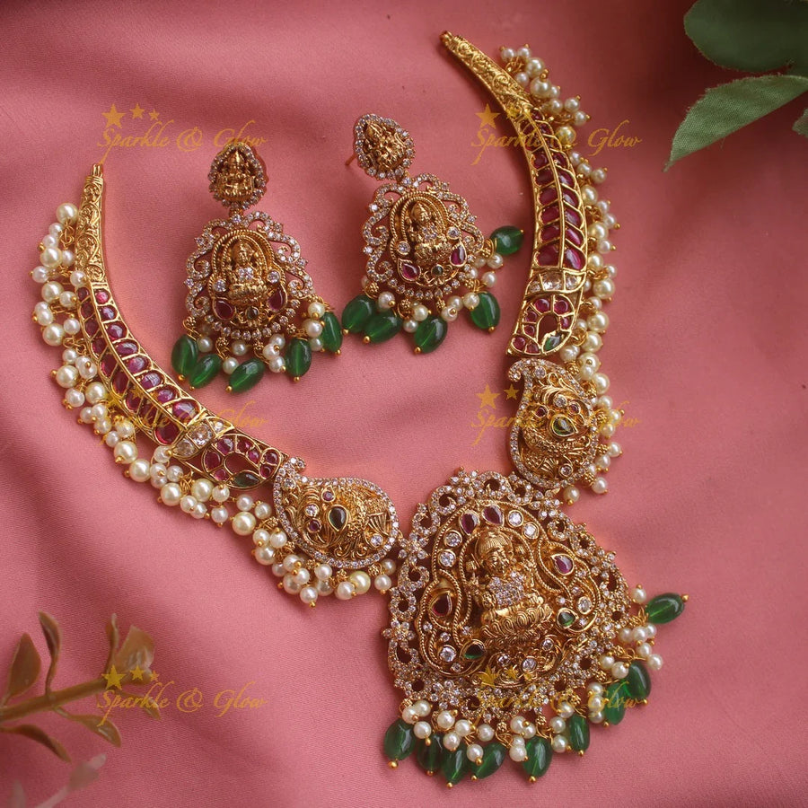 Exclusive Lakshmi mango design gutta pusalu short necklace with green beads - Sparkle and Glow
