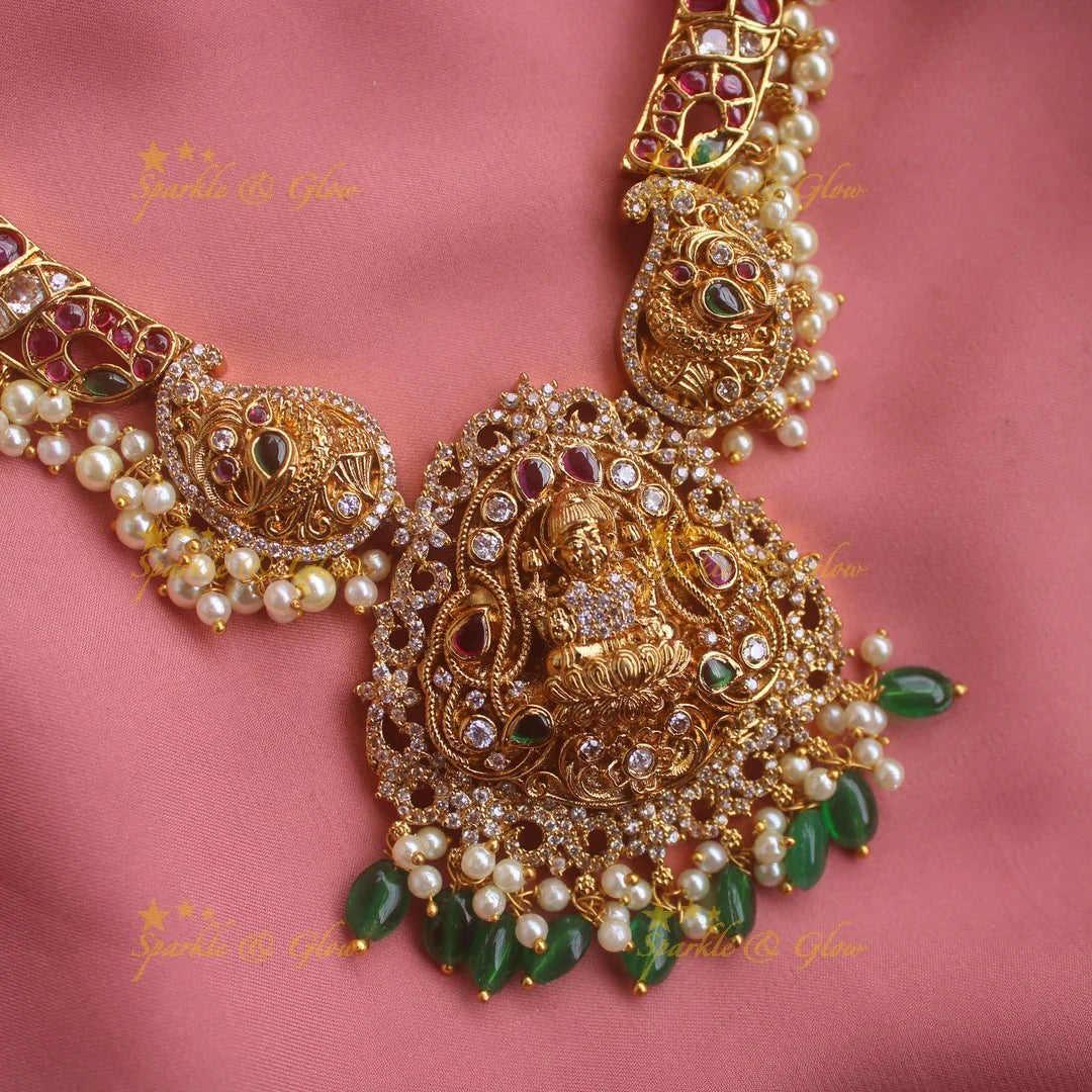 Exclusive Lakshmi mango design gutta pusalu short necklace with green beads - Sparkle and Glow