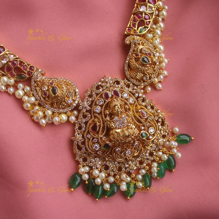 Exclusive Lakshmi mango design gutta pusalu short necklace with green beads - Sparkle and Glow