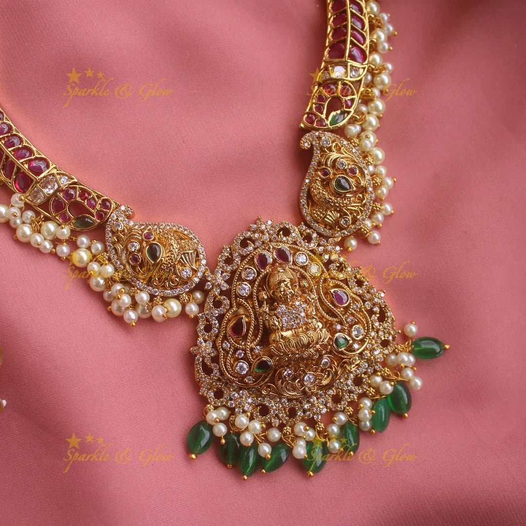 Exclusive Lakshmi mango design gutta pusalu short necklace with green beads - Sparkle and Glow