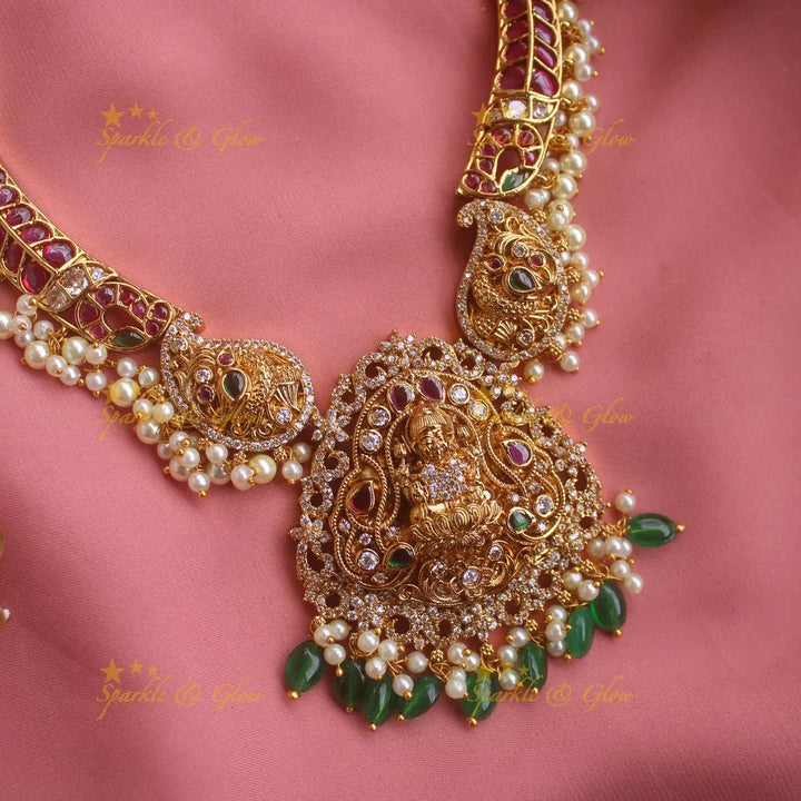 Exclusive Lakshmi mango design gutta pusalu short necklace with green beads - Sparkle and Glow
