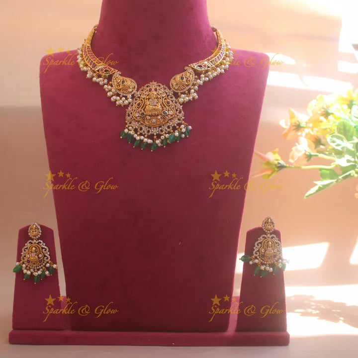 Exclusive Lakshmi mango design gutta pusalu short necklace with green beads - Sparkle and Glow