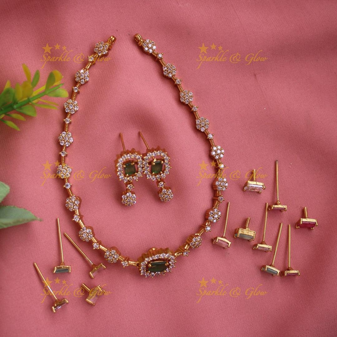 Elegant Floral design AD short necklace with multi colour interchangeable stones - Sparkle and Glow