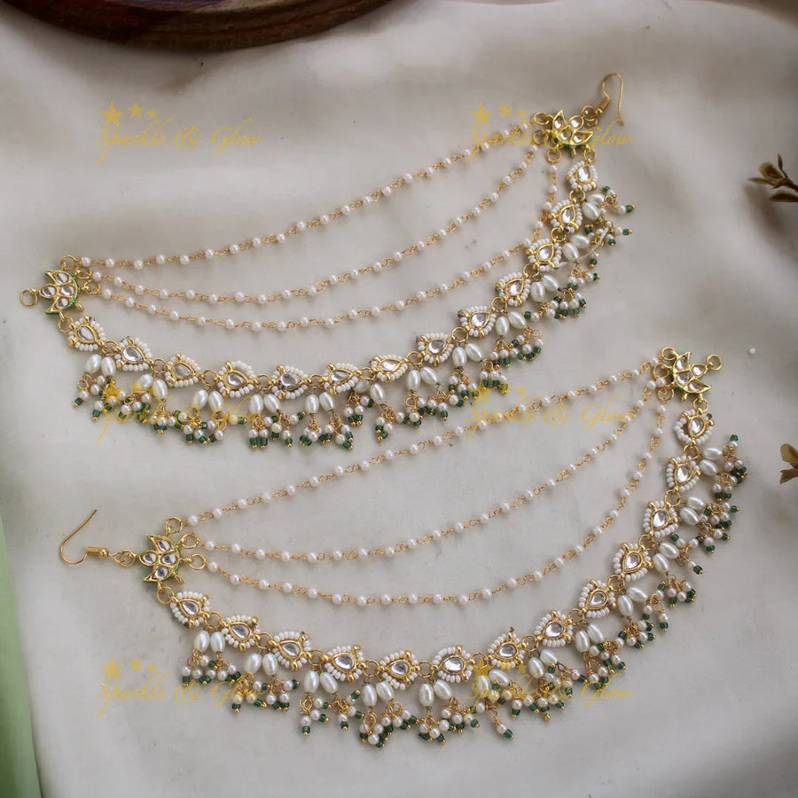 Stunning Kundan Leaf design Earchain with pearl drops - Sparkle and Glow