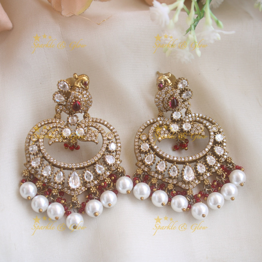 Moissanite Victorian finish Stunning peacock design victorian balis with pink pearl beads