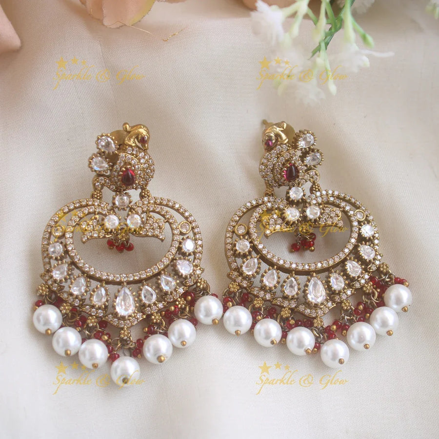 Moissanite Victorian finish Stunning peacock design victorian balis with pink pearl beads - Sparkle and Glow