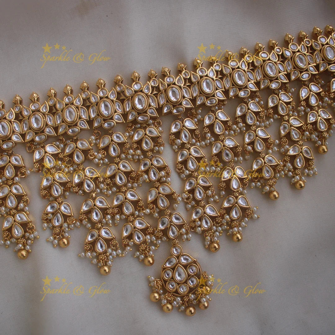 Sparkling Floral leaflet design kundan choker with maang tikka - Sparkle and Glow
