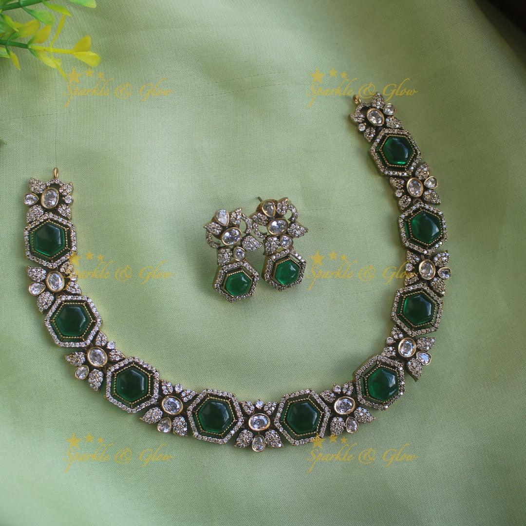 Statement Floral stone victorian AD short necklace - green - Sparkle and Glow