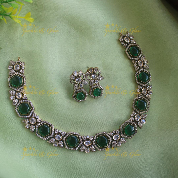 Statement Floral stone victorian AD short necklace - green - Sparkle and Glow