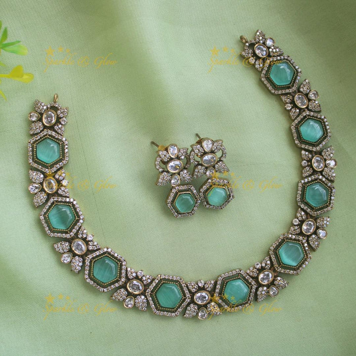 Statement Floral stone victorian AD short necklace - green - Sparkle and Glow