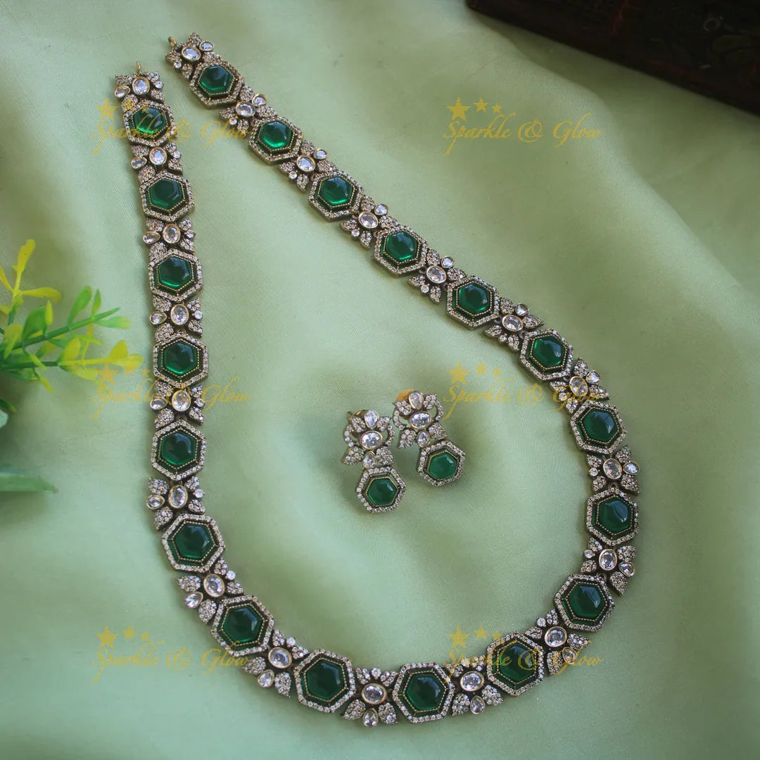 Gorgeous Floral stone victorian AD long necklace - green - Sparkle and Glow