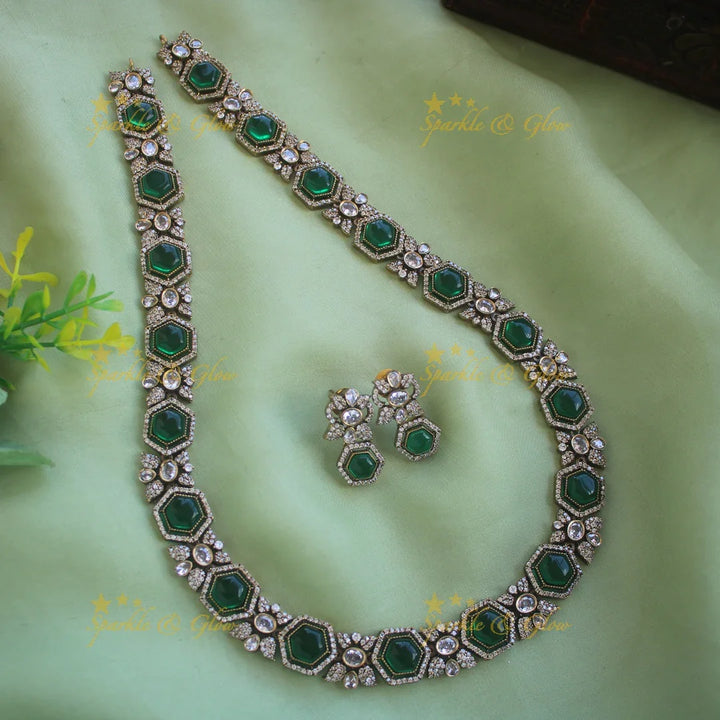 Gorgeous Floral stone victorian AD long necklace - green - Sparkle and Glow