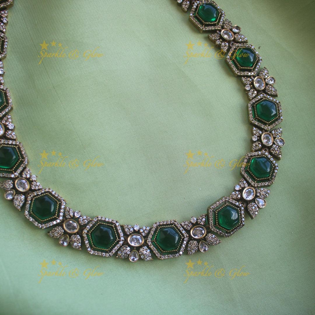 Gorgeous Floral stone victorian AD long necklace - green - Sparkle and Glow
