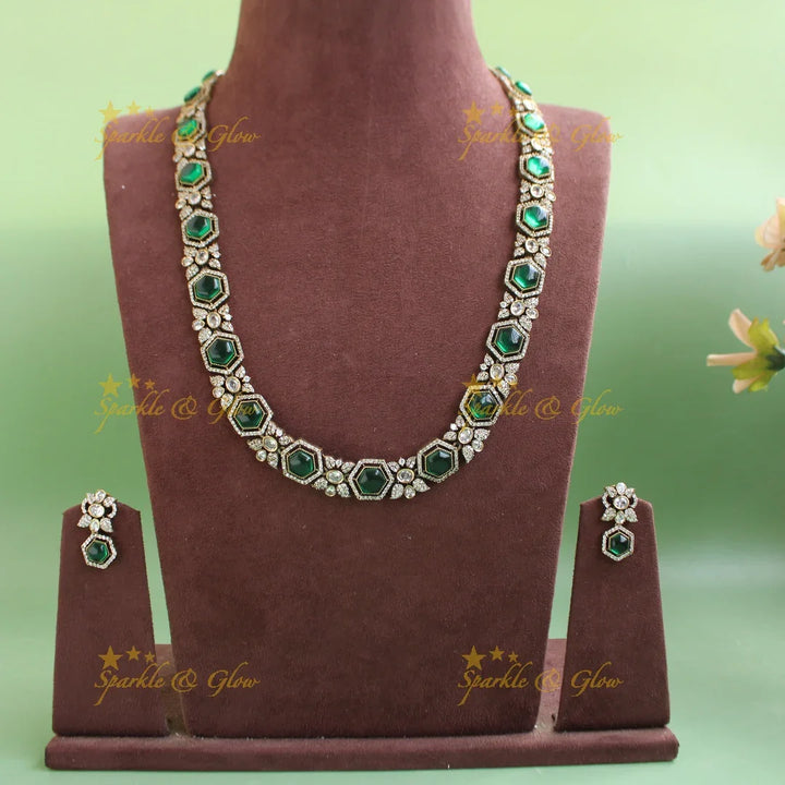 Gorgeous Floral stone victorian AD long necklace - green - Sparkle and Glow