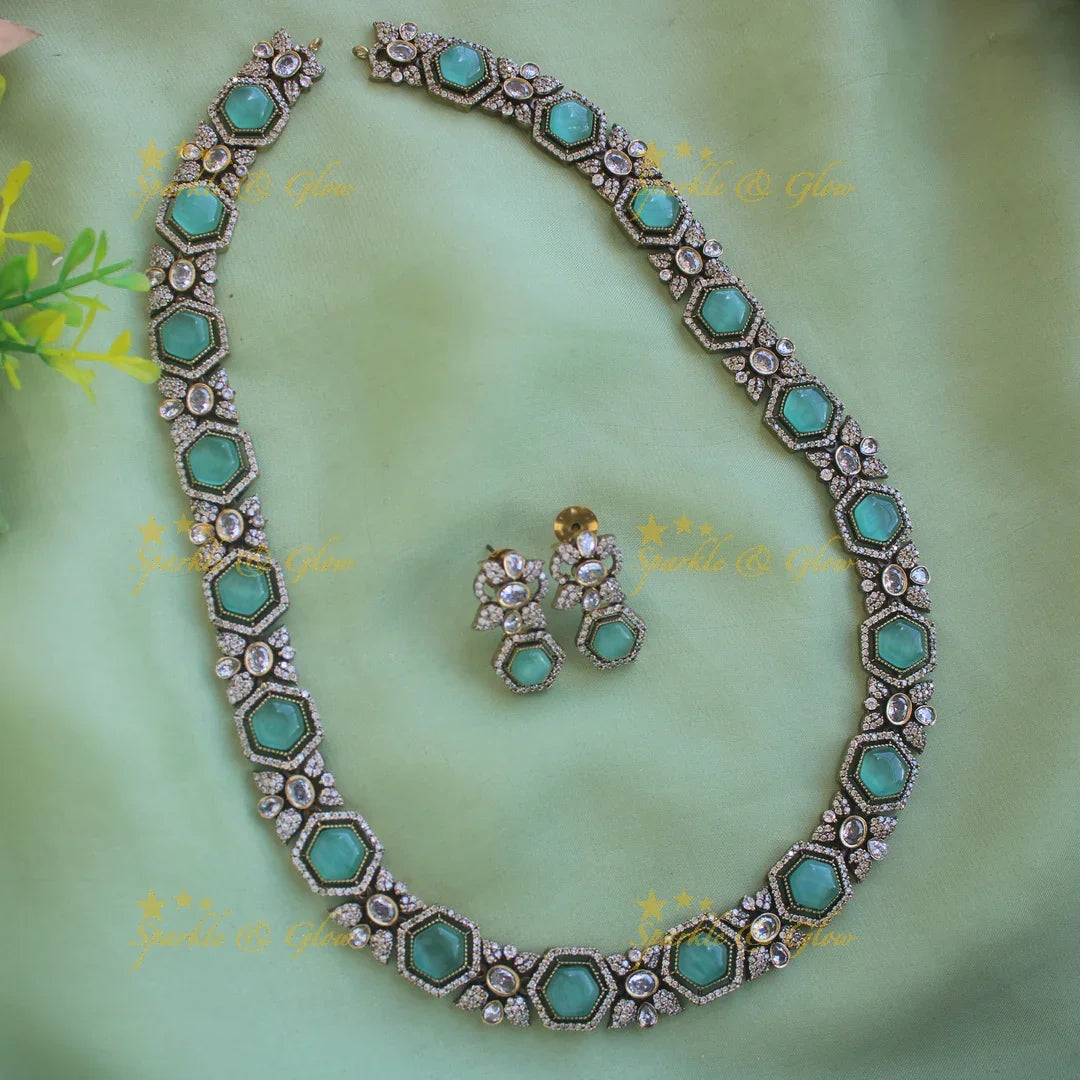 Gorgeous Floral stone victorian AD long necklace - green - Sparkle and Glow