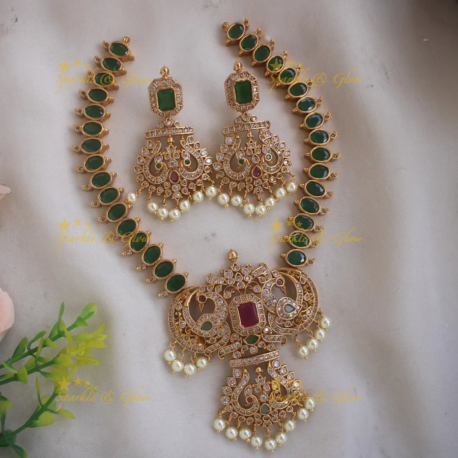 Statement Peacock pandent short necklace with oval emerald stones and pearl drops - Sparkle and Glow