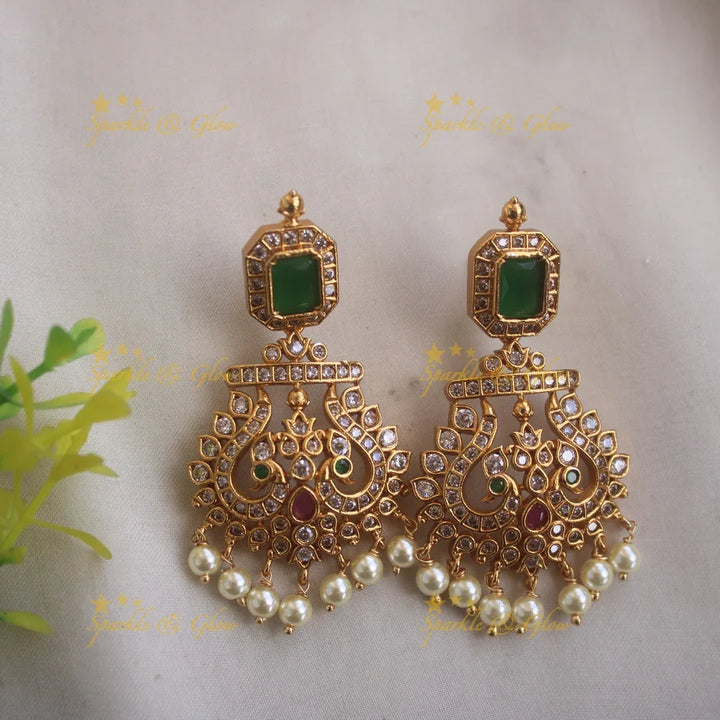 Statement Peacock pandent short necklace with oval emerald stones and pearl drops - Sparkle and Glow