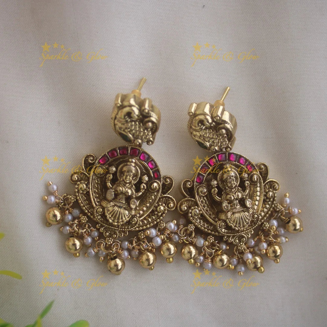 Stunning Lakshmi peacock carved jadau short necklace with ruby emerald stones and gold beads - Sparkle and Glow