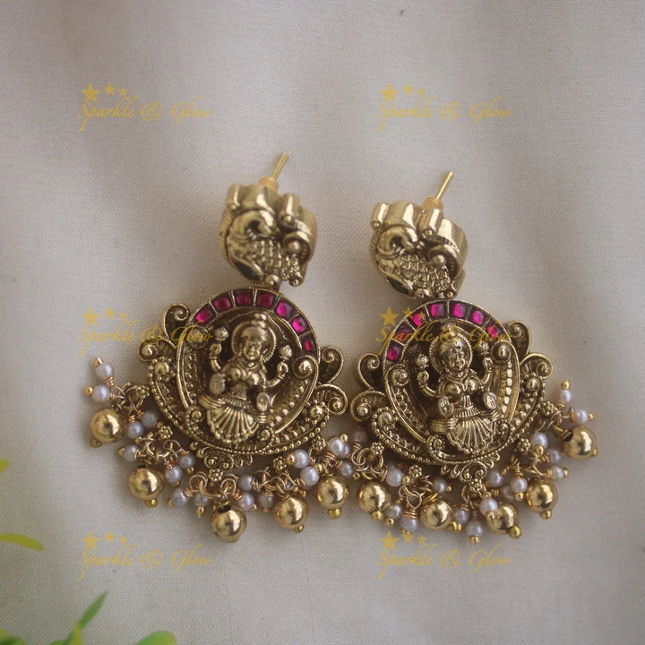 Stunning Lakshmi peacock carved jadau short necklace with ruby emerald stones and gold beads - Sparkle and Glow