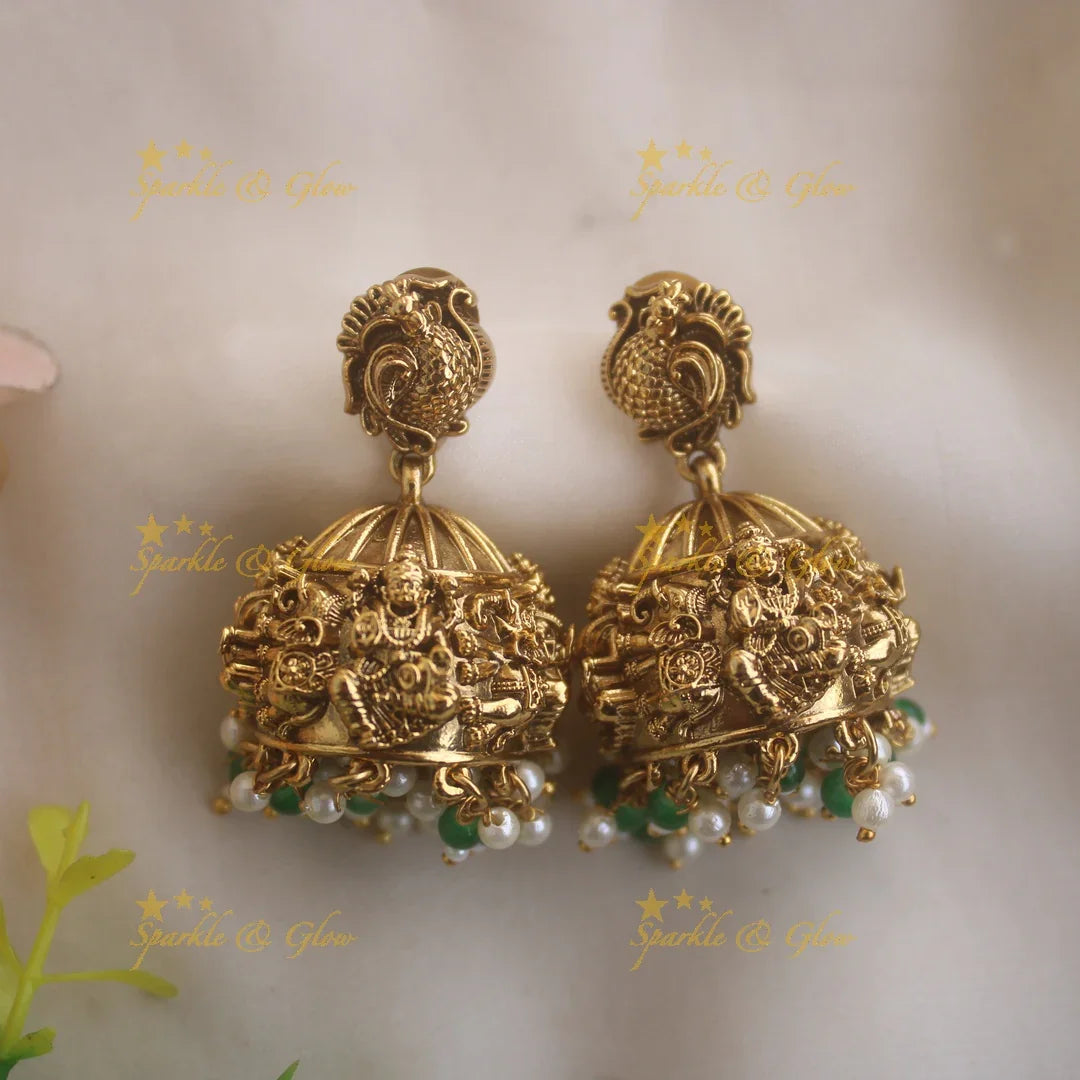 Gorgeous Lakshmi peacock carved jadau short necklace with pearls and green beads - Sparkle and Glow