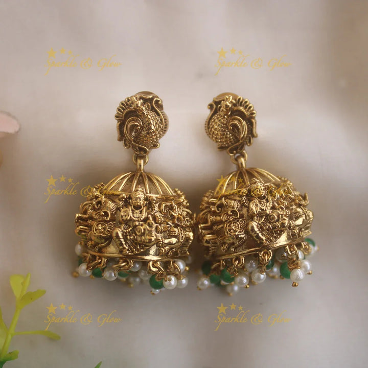 Gorgeous Lakshmi peacock carved jadau short necklace with pearls and green beads - Sparkle and Glow