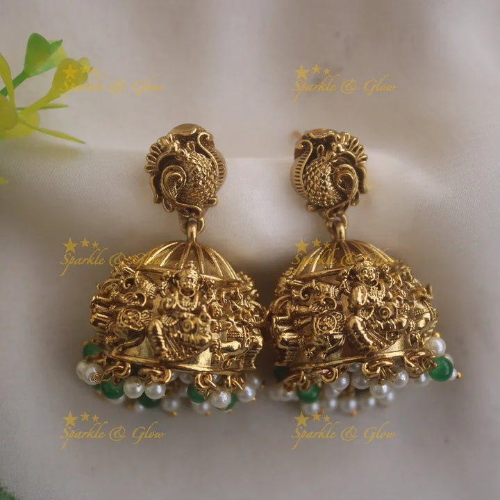 Gorgeous Lakshmi peacock carved jadau long necklace with pearls and green beads - Sparkle and Glow