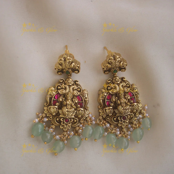 Exclusive Lakshmi peacock elephant carved jadau long necklace with pearls and mint green beads - Sparkle and Glow