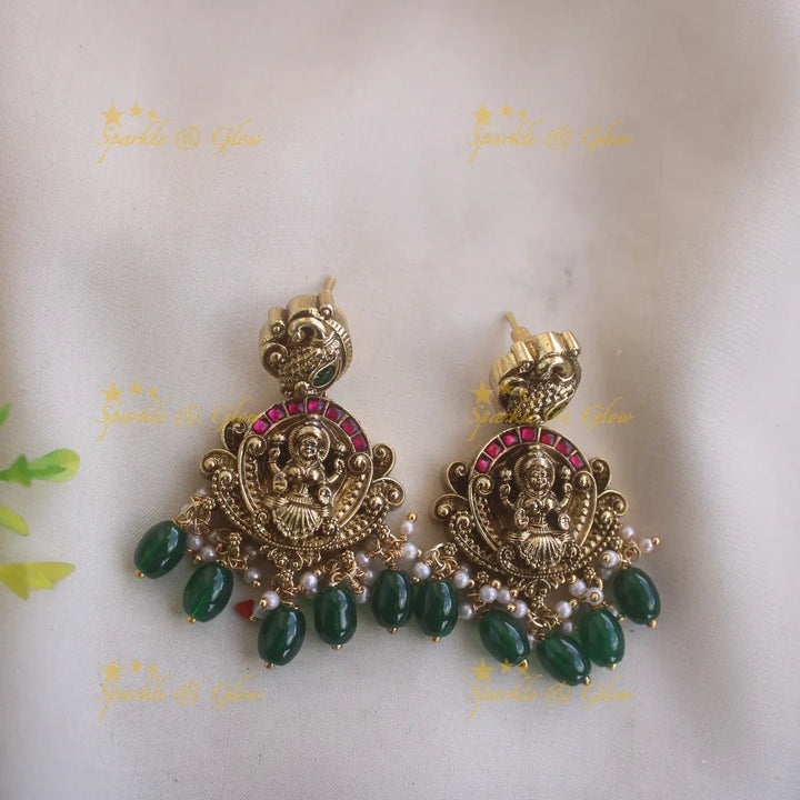 Beautiful Lakshmi peacock carved short necklace with kemp stones and green beads - Sparkle and Glow