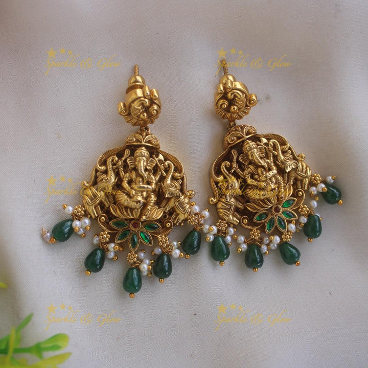 Beautiful Ganesha peacock elephant carved jadau short necklace with pearls and green beads - Sparkle and Glow